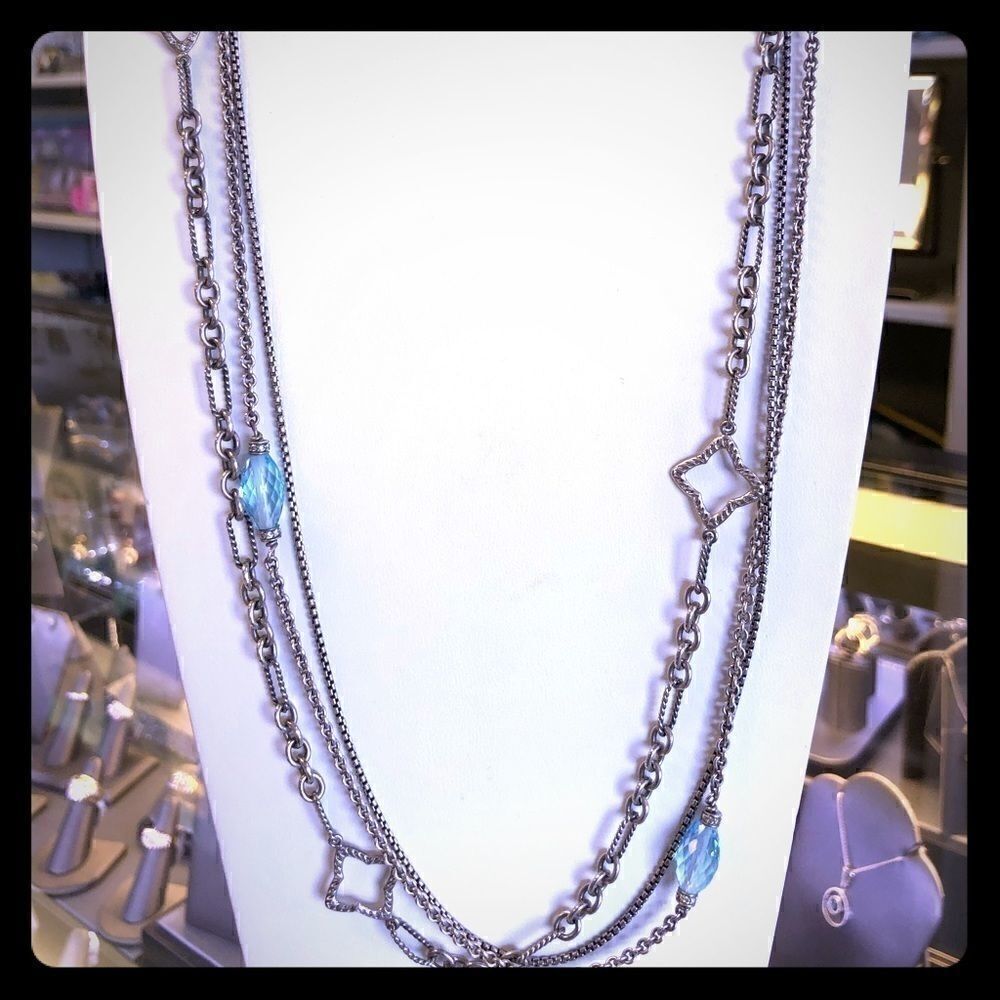 AUTHENTIC David Yurman Quatrefoil 925 Sterling Silver Blue Topaz Necklace